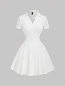 SHEIN MOD 复古卡其色荷叶边领针织迷你连衣裙 - 学院风，70年代复古风，休闲舒适，通勤必备，尽显老钱气质，完美适用于校园装、教师服和办公室着装。 - 白色 - 查看 1