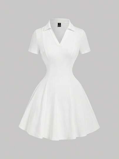 SHEIN MOD Woman White Knitted Fabric Elegant A-Line Flare Hem Short Sleeve Polo Neck Bodycon Summer Spring Minimalist Retro Classic Casual Holiday Streetwear Fresh Chic Fashion Versatile