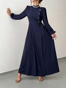 Rafferiza Women's Casual Ruched Unique Button Tie-Up Flared Dress, Navy Blue,Turkish Abaya, Arab Long Robe Fall Cloth For Women - Navy Blue - View 3