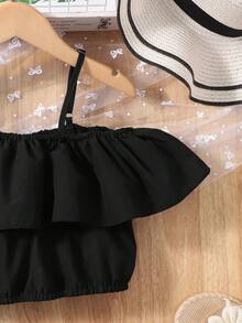 Sparklyn 2pcs Tween Girls Orange Off-Shoulder Crop Top & Tropical Leaf Print Shorts Set, Spring/Summer Holiday - Black - View 4