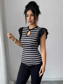 Rafferiza Women's Elegant Striped Patchwork Ruffle Trim Hollow Out Chest T-Shirt - Black - View 3