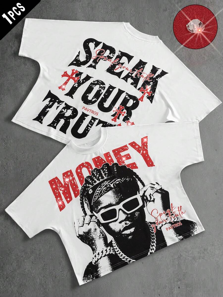 PAVTROS 男士标语和图案印花圆领短袖休闲T恤 - 彩色 - 查看 1