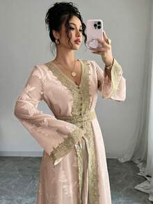 Rafferiza 女士V领长袖金色蕾丝拼接长裙 - 粉色 - 查看 1