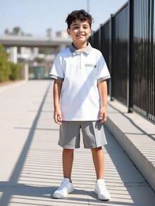 SHEIN 两件套男童休闲校服/学院撞色拼接 Polo 领衬衫短裤套装，适合通勤、上学、日常休闲、运动、春夏穿着。 - 彩色 - 查看 6