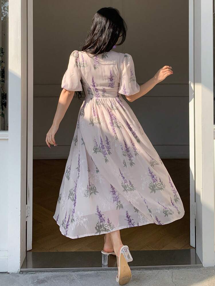 Petal Sleeve V-Neck Waist Cinched Elegant Party Wedding Guest Midi Dress With All-Over Print Sundress