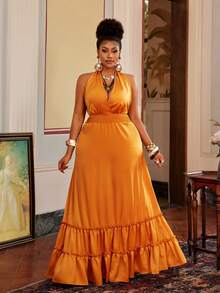 Maweii Plus Size Mustard Yellow Maxi Dress,Sleeveless Backless Drawstring Waist Shirred Solid Summer Tropical Holiday Elegant Casual Dress For Parties,Dates - Yellow - View 1