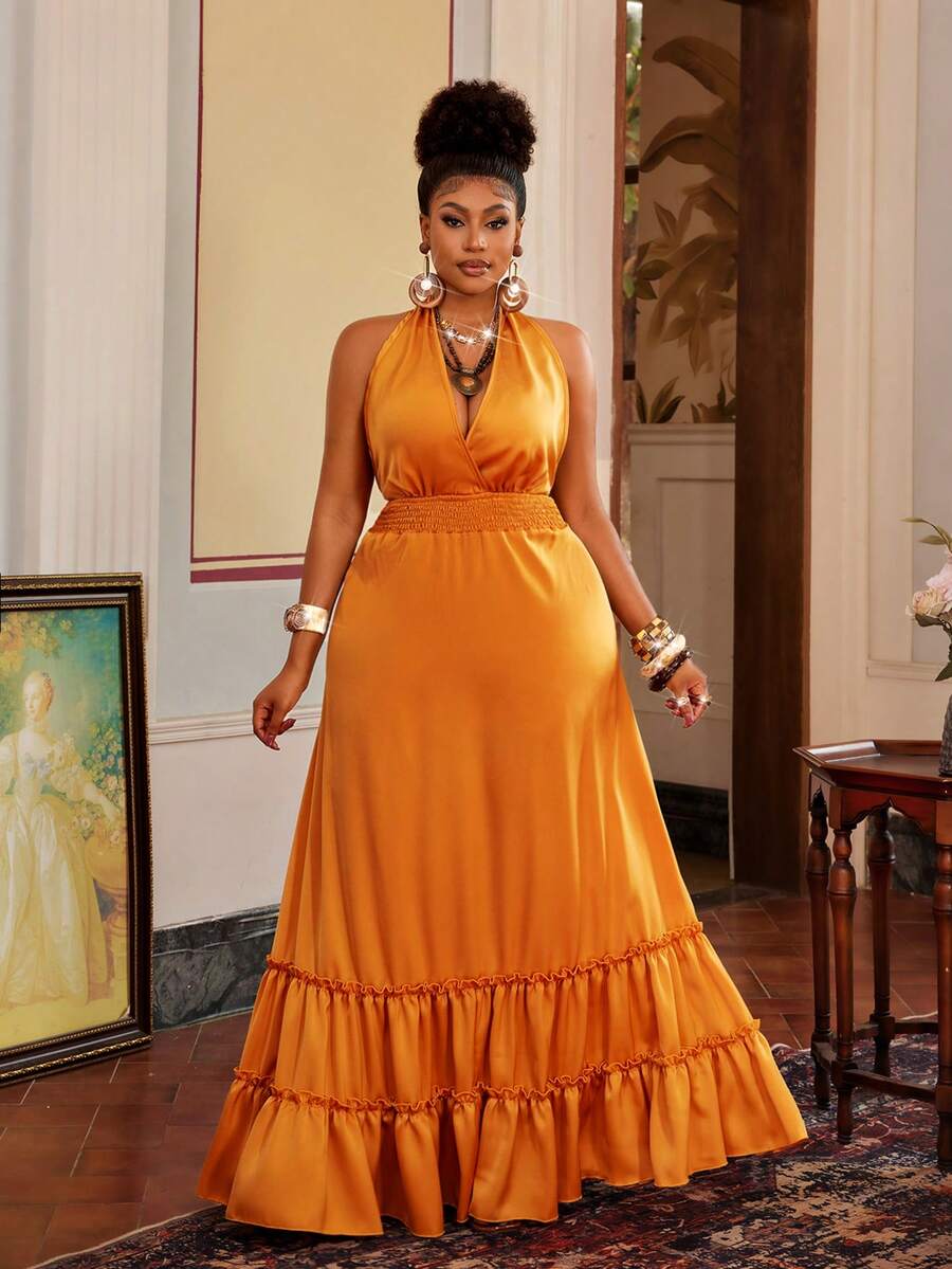Maweii Plus Size Mustard Yellow Maxi Dress,Sleeveless Backless Drawstring Waist Shirred Solid Summer Tropical Holiday Elegant Casual Dress For Parties,Dates - Yellow - View 1
