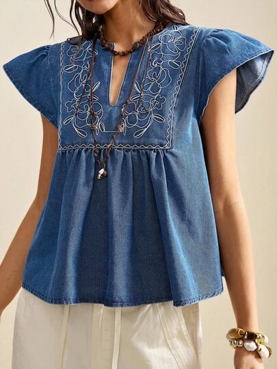 Travachic 女士V领短袖复古褶皱牛仔衬衫