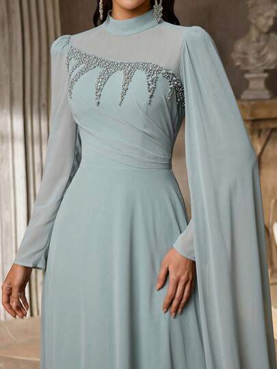 Aureia 优雅、浪漫、时尚、高贵的灰绿色雪纺面料水钻装饰A字型正式派对礼服、婚礼宾客礼服、绿色连衣裙、时尚优雅的婚礼宾客礼服、正式晚礼服