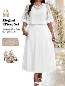 Fleurora 大码女士腰果蕾丝披肩上衣和无袖连衣裙优雅两件套 - 白色 - 查看 2