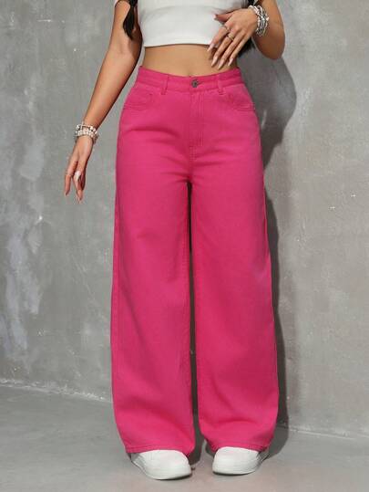 SHEIN ICON Quần jeans ống đứng màu trơn, dáng rộng, phong cách thường ngày, có đai lưng.