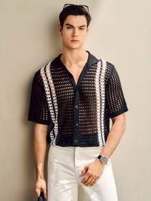 Manfinity Homme Áo khoác cardigan nam phong cách casual, phối màu lấy cảm hứng từ các blogger thời trang, kiểu dáng khoét rỗng, thích hợp cho kỳ nghỉ. - màu đen - Xem 2