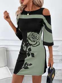 SHEIN Clasi 女士优雅撞色玫瑰印花露肩连衣裙 - 薄荷綠 - 查看 6