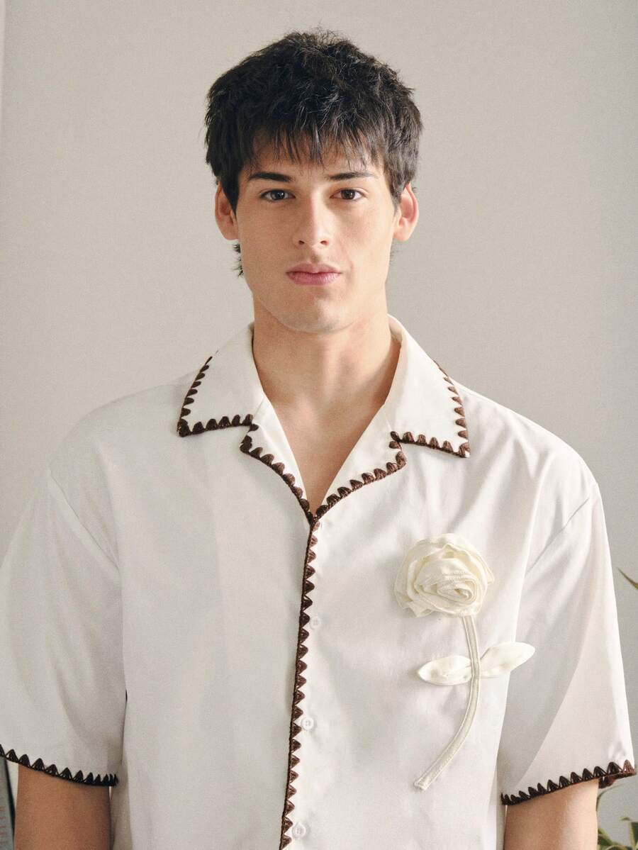 Manfinity Unisex Bộ áo sơ mi ngắn tay và quần short nam phối màu tương phản, áo sơ mi nam ngắn tay cài cúc màu kem mùa xuân/hè, áo sơ mi nam mùa hè, áo sơ mi nam màu kem cài cúc, áo sơ mi nam họa tiết hoa. - trắng - Xem 1