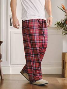 SWAVVY 男士休闲抽绳腰宽松格子裤 - 紅色 - 查看 6