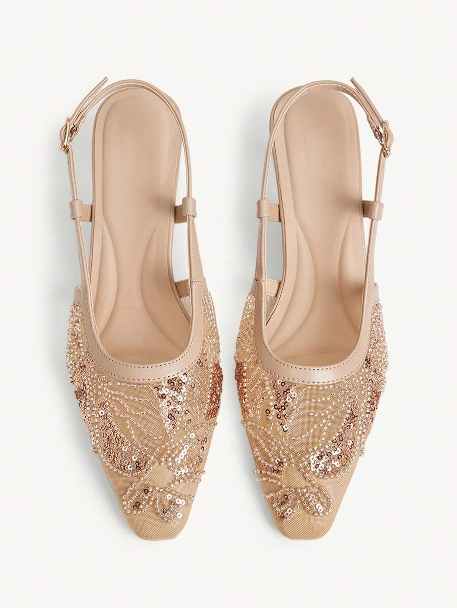 CUCCOO CHICEST Women's Embroidered Mesh Beaded Square Toe Mid-Heel Slip-On Pumps, Elegant Party Wear Stilettos - Apricot - View 1