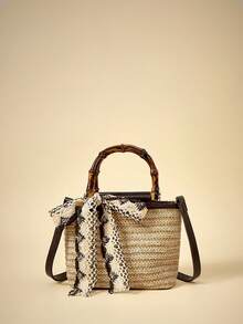 Travachic Bolso de mano de bambú tejido a mano con nudo | Calidad de paja tejida + parche de PU duradero, estilo vintage japonés | Diseño de asa de bambú convertible a de mano o de hombro, gran capacidad multicompartimento para teléfono/llaves/lápiz labial | Playa, viaje, paseo de verano, accesorio rural | Tela ligera y transpirable hecha a mano, bolso de mujer de diseño único - Café - Ver 2