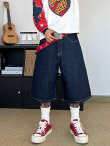 STEELVANCE Pantalones cortos vaqueros de pierna recta de estilo vintage y casual con bordado de bolsillo con dibujos animados, versátiles y - Azul lavado oscuro - Ver 3