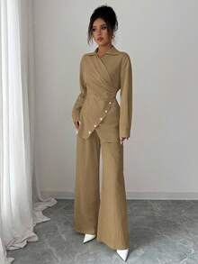 Modelyn Women's Woven Collar Long Sleeve Tie-Up Cotton Fitted 2 Pieces Set - Khaki - View 7