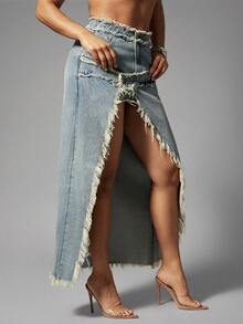 Denimoi Stacked Waist High Slit Denim Skirt Frayed Hem Skirt Fashionable Streetwear Sexy Skirts - Light Wash - View 5