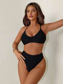 Swim SXY 2pcs/Set Women's Sexy Backless Spaghetti Strap Hollow Out Bikini Swimsuit, Suitable For Spring/Summer Beach - Black - View 2