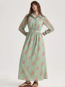 Aveloria Modichic 舒适修身通勤高端轻盈雪纺印花衬衫领收腰女式长袖超长连衣裙 - 彩色 - 查看 7