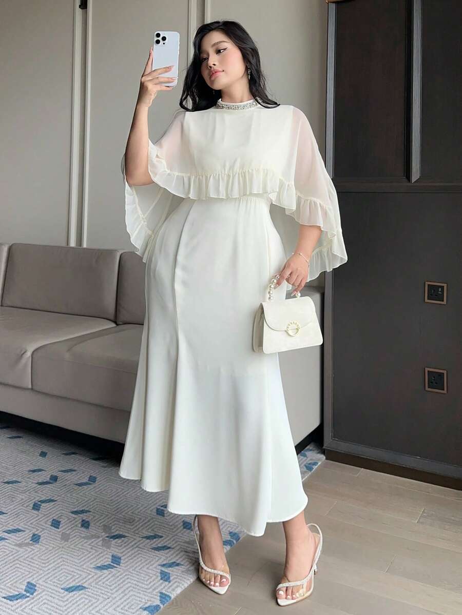 Dazy Plus Plus Size Women Mandarin Collar Rhinestone Decor Ruffle Hem Cape Design Elegant Waist Cinched Party Dress Maxi Dress - Apricot - View 1