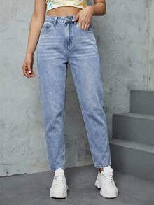 SHEIN ICON Quần jeans nữ màu trơn cạp cao, túi xéo, kiểu dáng thường ngày, đa năng. - Màu xanh lam - Xem 4