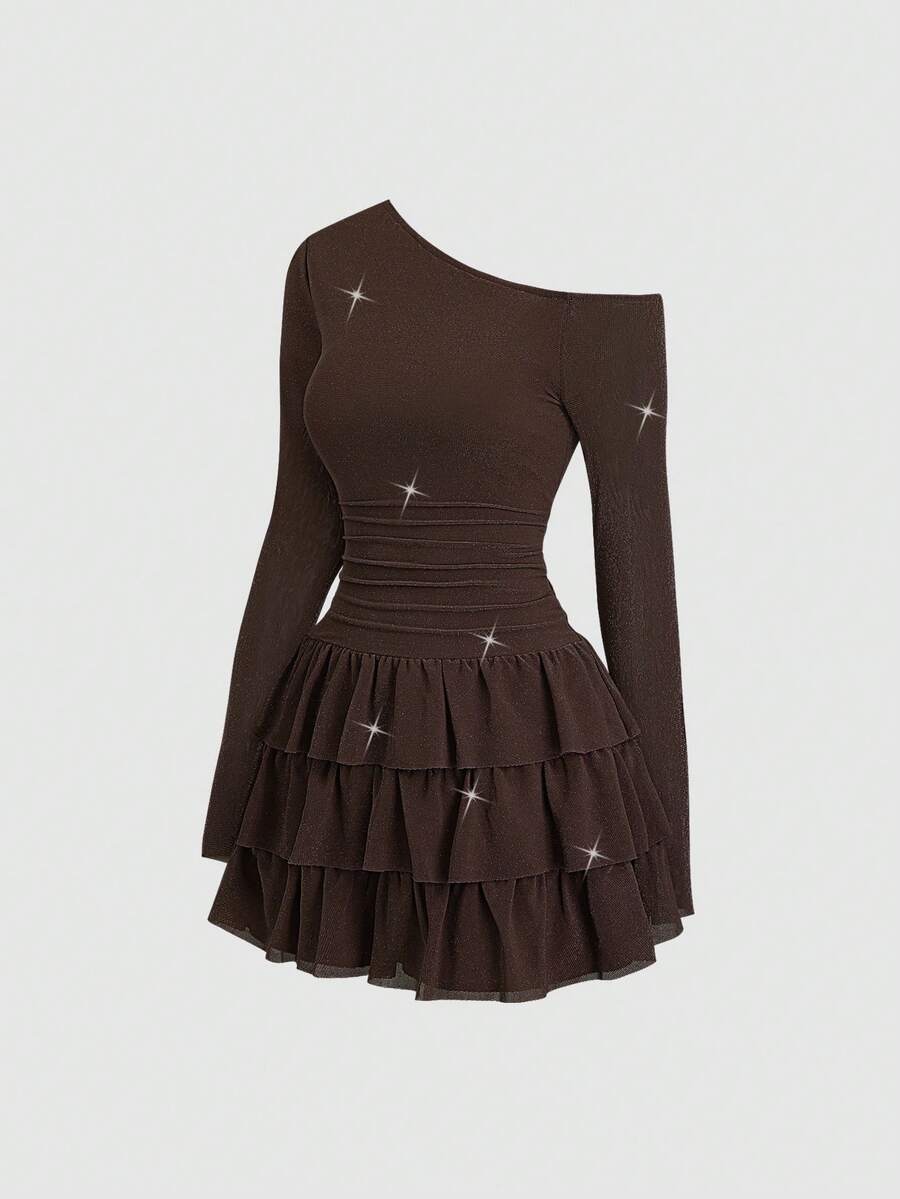 Sweetra 女士优雅派对性感不对称领口亮片面料时尚荷叶边长袖连衣裙，秋冬款 - 咖啡 - 查看 1