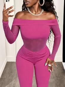 BamGleam 女士优雅露肩网纱拼接喇叭连体裤，简约纯色，适合春、夏、秋季穿着，夏季服装，夏季上衣，夏季服装，女士夏季服装，夏季上衣，女士夏季服装，女士度假服装，女士假日服装，夏季假日服装，度假，假日，女士度假服装，度假连衣裙，假日服装，度假连衣裙，女士海滩度假服装，女士度假套装，女士夏季两件套 - 玫紅色 - 查看 3