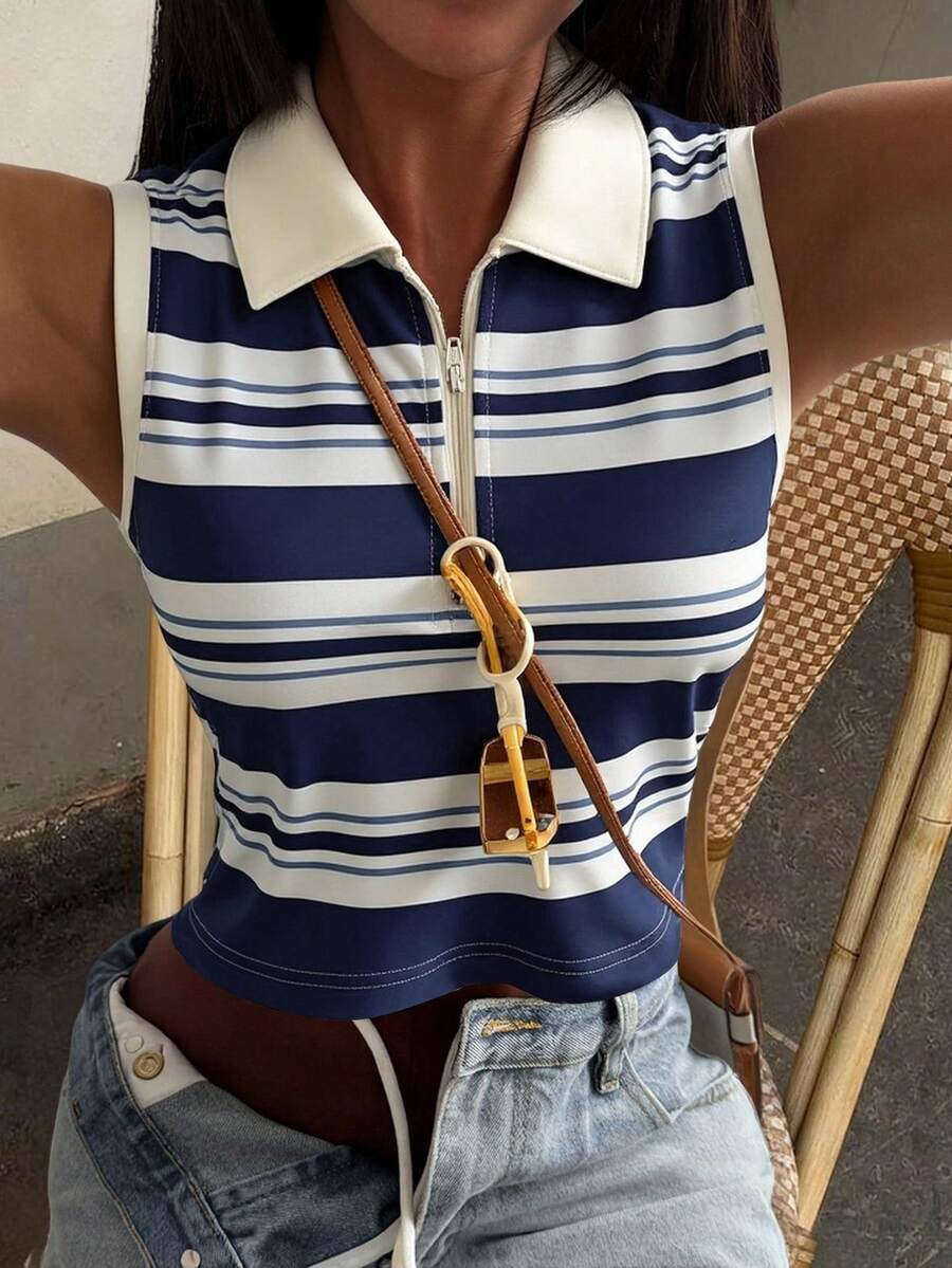 DAZY Áo tank top cổ bẻ kẻ sọc nữ, kiểu dáng thường ngày, phong cách mùa hè Y2K - Màu xanh hải quân - Xem 1