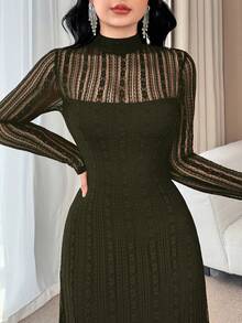 Feyla Elegant Lace Long Sleeve A-Line Dress For Women Black Dresses - Olive Green - View 2
