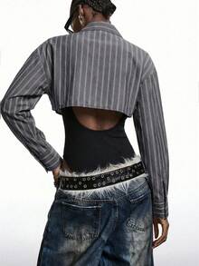 LYSMO 2026 New Minimalist Women's Drop Shoulder Striped Long Sleeves 2 In 1 Shirt Bodysuit, Thanksgiving - Black - View 2