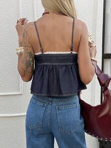 DAZY Women's Denim Camisole Top With Contrast Ruffle Patchwork And Waist Gathering, Casual Denim Blouse - Dark Wash - View 6