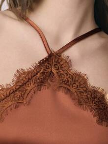 Nöista Women's Caramel Brown Satin Minimalist Spaghetti Strap Maxi Dress - Brown - View 7