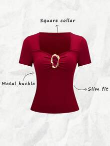 Chiquease Áo thun nữ tay ngắn cổ vuông màu đỏ tía, xếp ly, đính kim loại, ôm dáng, thanh lịch, gợi cảm, thích hợp mặc thường ngày, mùa xuân/hè. - Màu Đỏ Sâu - Xem 3