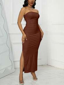 VaVaBold Split Thigh Tube Bodycon Dress Maxi Women Outfit - Brown - View 3
