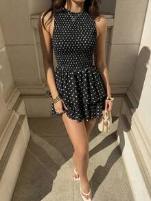Sunnyshic Đầm ngắn không tay cổ tròn, ôm sát eo, xếp ly đôi, chấm bi đen, dành cho nữ, thích hợp cho mùa xuân/hè, đi làm, phong cách retro, đi học, tốt nghiệp, nghỉ mát, hẹn hò, thanh lịch, lãng mạn, dễ thương, mặc hàng ngày, tối giản, đa năng. - màu đen - Xem 2