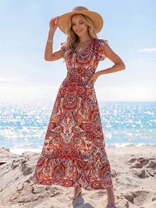 Sylviya فستان كاجوال مطبوع برسمة انتزاعية آكمام طويلة، ملابس أساسية للاستخدام اليومي في فصلي الخريف والشتاء - لون برتقالي - مشاهدة 4