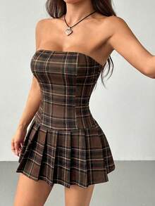 SHEIN PETITE 女款秋冬新款露肩抹胸紅色格紋百褶簡約洋裝，開學季服飾，適合聖誕節，迷你無肩帶，適合嬌小女性 - 棕色 - 查看 6