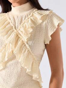 LYSMO 2026 New Arrive Minimalism Spring/Summer Women's Solid Color Stand Collar Short Sleeve Ruffle Hem Fashion T-Shirt,Going Out Top,Vacation/Boho - Coffee Brown - View 7