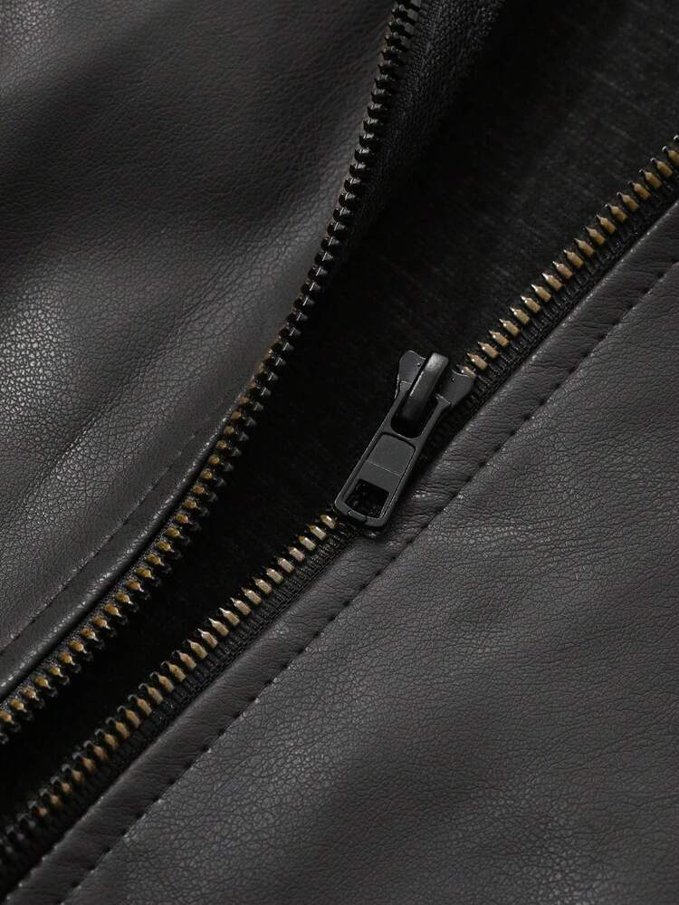 Lapel Zipper Loose Casual Motorcycle Leather Jacket, Long Sleeve Outerwear