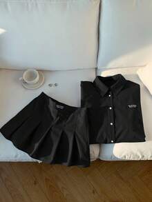 Comfortcana 2pcs Plus Size Set: Black Long Sleeve Blouse And Shorts Skirt With Included Shorts, Spring/Summer - Black - View 3