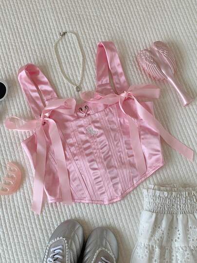 Comfortcana 2026 New Arrival Spring/Summer Fashionable Women's Elegant Tie-Up Cropped Tank Top, Summer Outfits For Women Summer Tops Valentine's Day Party Top Beach Outfit Going Out Tops Elegant Blouses For Ladies  Vacation Outfits Women Casual Blouses For Women Y2K Tops 2000s Style Pink Top  Summer Tops Summer Outfits For Women Spring Spring Break Outfits   Spring Clothes Women  Vacation Graduation  Women  Wedding   Party  Ceremony  Elegant  Vacation Outfits Casual Casual Women's Blouse , Pink Tops  Beach Vacation Outfits For Women Summer Vacation Outfits   Valentine's Day  Pink Sheen Satin Embroidered Waist-Cinching Figure-Hugging Bow Ribbon Fishbone Corset , Valentine's Day, Carnival, Beach, Holiday, Home Leisure, Street, College