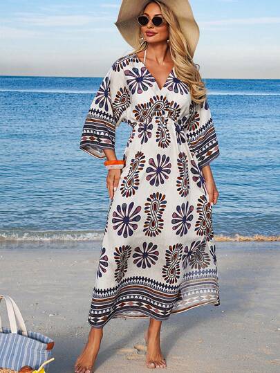 Swim Shayni Women's V-Neck 3/4 Sleeve Cinched Waist Long Slit Beach Dress With Floral Print, Cover-Up