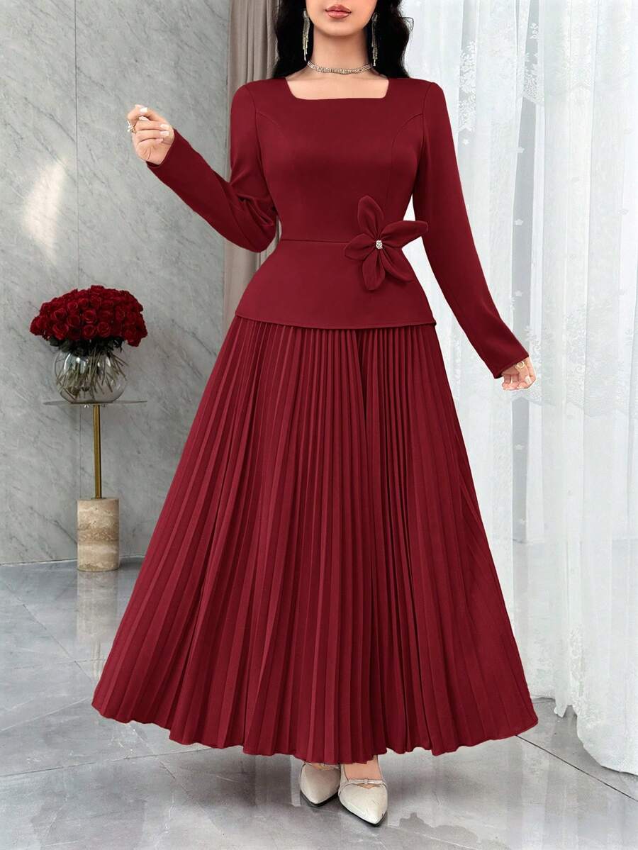 Modelyn 女士纯色方领3D立体花卉装饰褶皱长袖连衣裙 - 酒紅色 - 查看 1