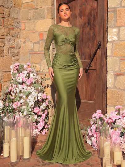 Elitara Elegant Luxurious Stretchy Lace Patchwork Knit Dress, Ruched Sexy Open Back Bodycon Mermaid Dress, Suitable For Wedding, Party, Vacation, Gala, Evening Dress, Valentine's Day