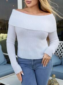 Cioccolato 女款 Y2K 法兰绒露肩毛衣，白色 - 米色 - 查看 3