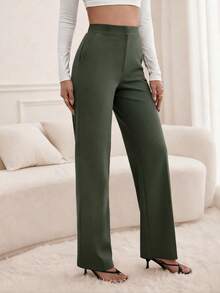 SHEIN Tall 女款純色軍綠色針織直筒長褲，附口袋，優雅舒適，適合高個女性 - 軍綠色 - 查看 3