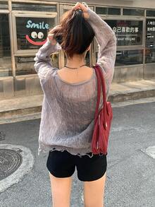 DAZY Women's Sweet & Cool Hollow Out Knit Blouse - Grey - View 7